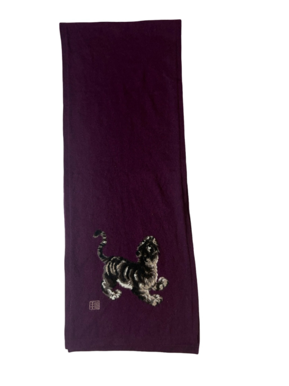 FREE EAST 100% Cashmere Tiger Art Scarf Wrap Plum Purple Made in Taiwan